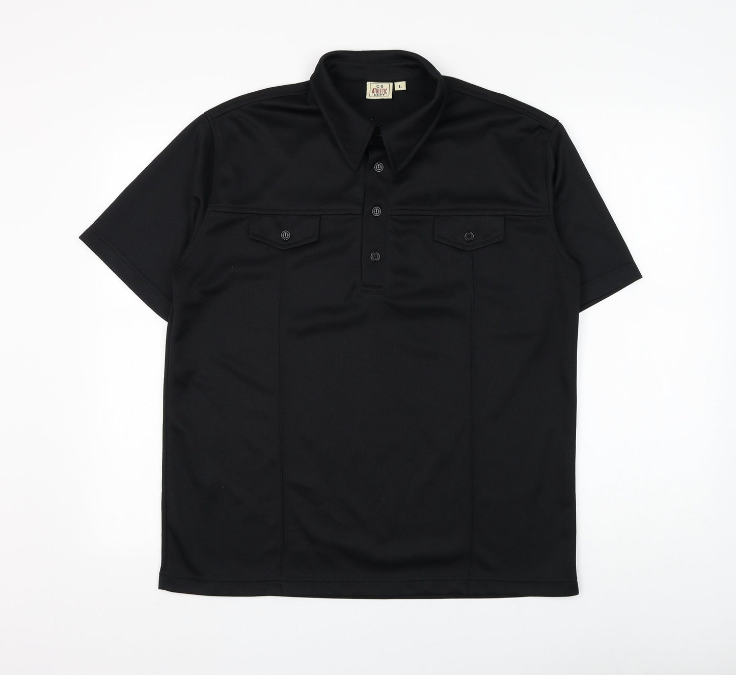 C.S Athletic Mens Black Polyester Polo Size L Collared Button