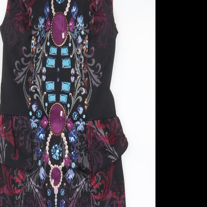 Red Herring Womens Black Geometric Polyester Bodycon Size 8 V-Neck Pullover