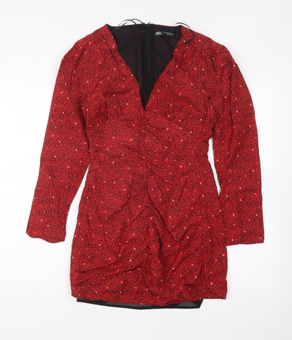 Zara Womens Red Lyocell Mini Size XS V-Neck Zip
