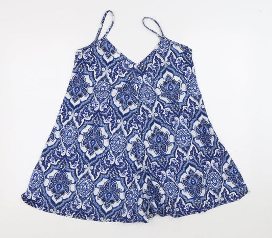 PRETTYLITTLETHING Womens Blue Geometric Polyethylene Playsuit One-Piece Size 12