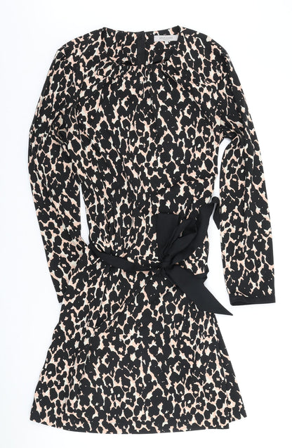 Great Plains Womens Black Animal Print Polyester A-Line Size L Round Neck Button