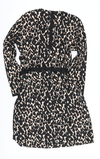 Great Plains Womens Black Animal Print Polyester A-Line Size L Round Neck Button