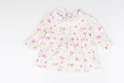 Marks and Spencer Girls White Floral 100% Cotton A-Line Size 3-6 Months Crew Neck Button