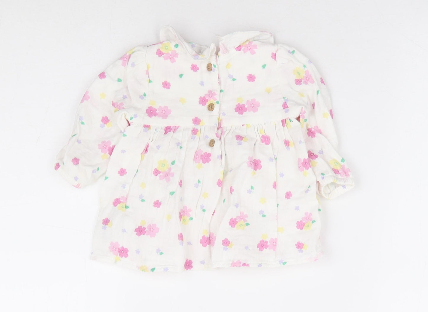 Marks and Spencer Girls White Floral 100% Cotton A-Line Size 3-6 Months Crew Neck Button