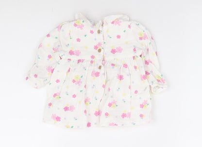 Marks and Spencer Girls White Floral 100% Cotton A-Line Size 3-6 Months Crew Neck Button