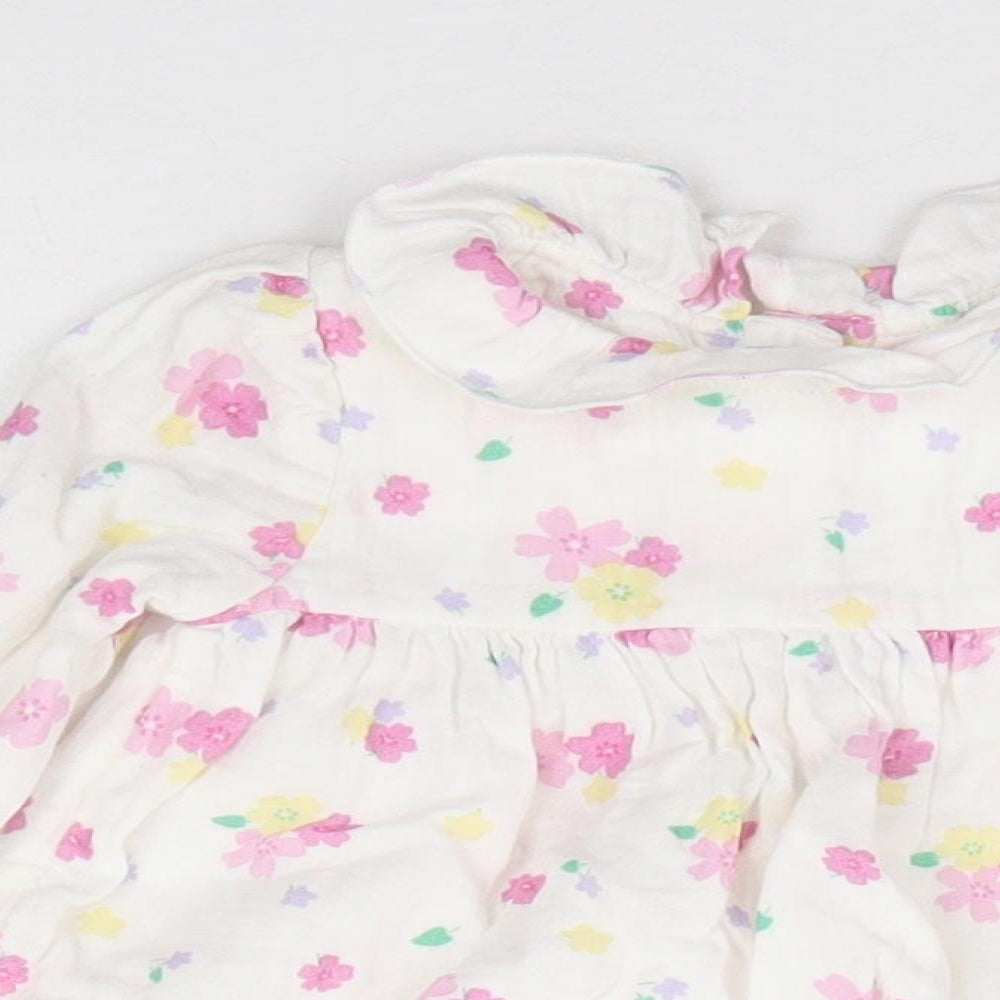 Marks and Spencer Girls White Floral 100% Cotton A-Line Size 3-6 Months Crew Neck Button