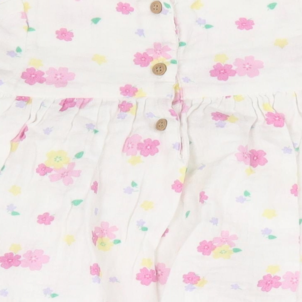 Marks and Spencer Girls White Floral 100% Cotton A-Line Size 3-6 Months Crew Neck Button