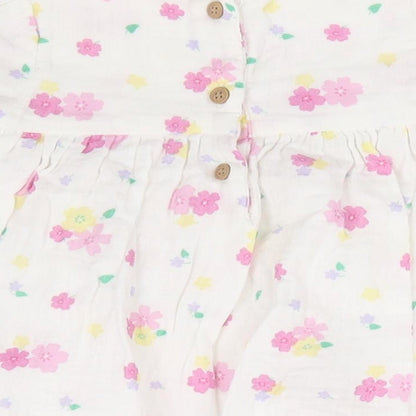 Marks and Spencer Girls White Floral 100% Cotton A-Line Size 3-6 Months Crew Neck Button