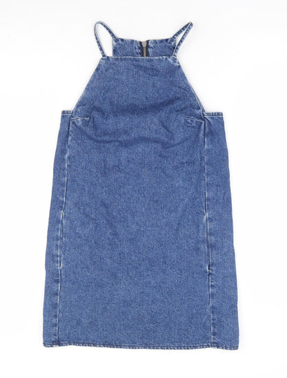 Topshop Womens Blue Cotton Pinafore/Dungaree Dress Size 4 Scoop Neck Zip
