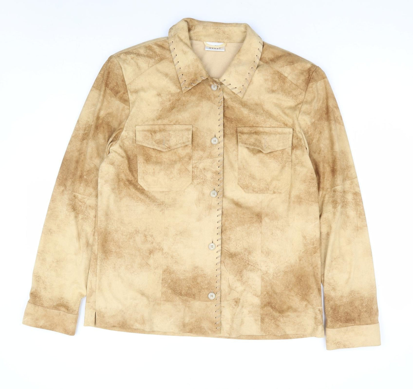 Hucke Woman Womens Beige Polyester Jersey Button-Up Size 12 Collared