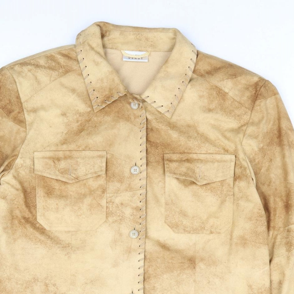 Hucke Woman Womens Beige Polyester Jersey Button-Up Size 12 Collared