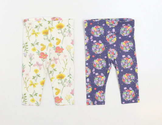 TU Girls Multicoloured Floral Cotton Jogger Trousers Size 3-6 Months Pullover - 2 Pack Leggings