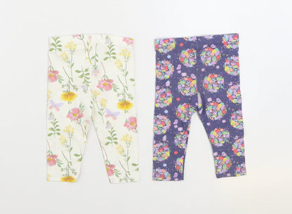 TU Girls Multicoloured Floral Cotton Jogger Trousers Size 3-6 Months Pullover - 2 Pack Leggings