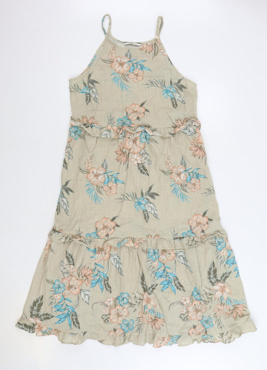 TU Womens Beige Floral 100% Cotton Trapeze & Swing Size 10 Square Neck Pullover