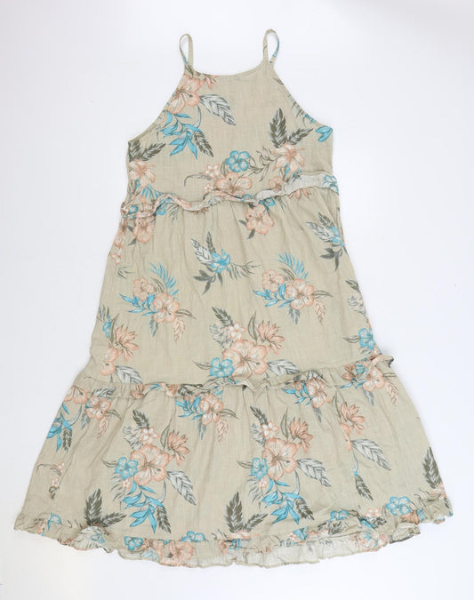 TU Womens Beige Floral 100% Cotton Trapeze & Swing Size 10 Square Neck Pullover