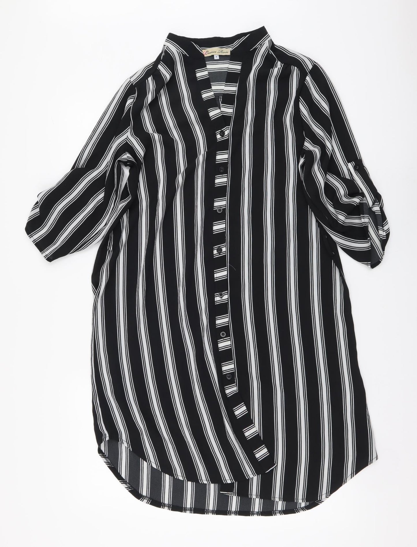 Camea Rose Womens Black Striped Polyester Shirt Dress Size 8 Collared Button