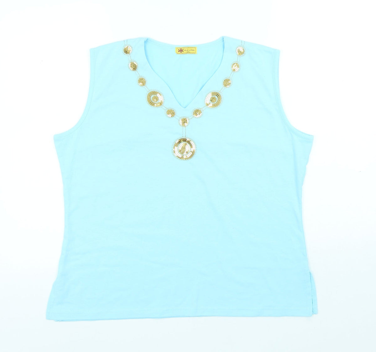Miss Luna Womens Blue Cotton Basic Tank Size 2XL V-Neck