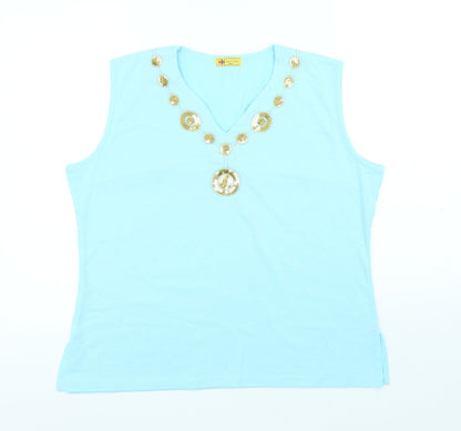 Miss Luna Womens Blue Cotton Basic Tank Size 2XL V-Neck