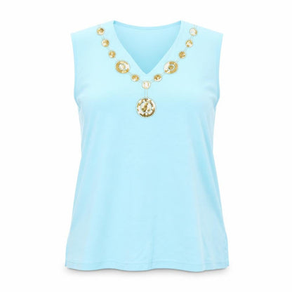 Miss Luna Womens Blue Cotton Basic Tank Size 2XL V-Neck