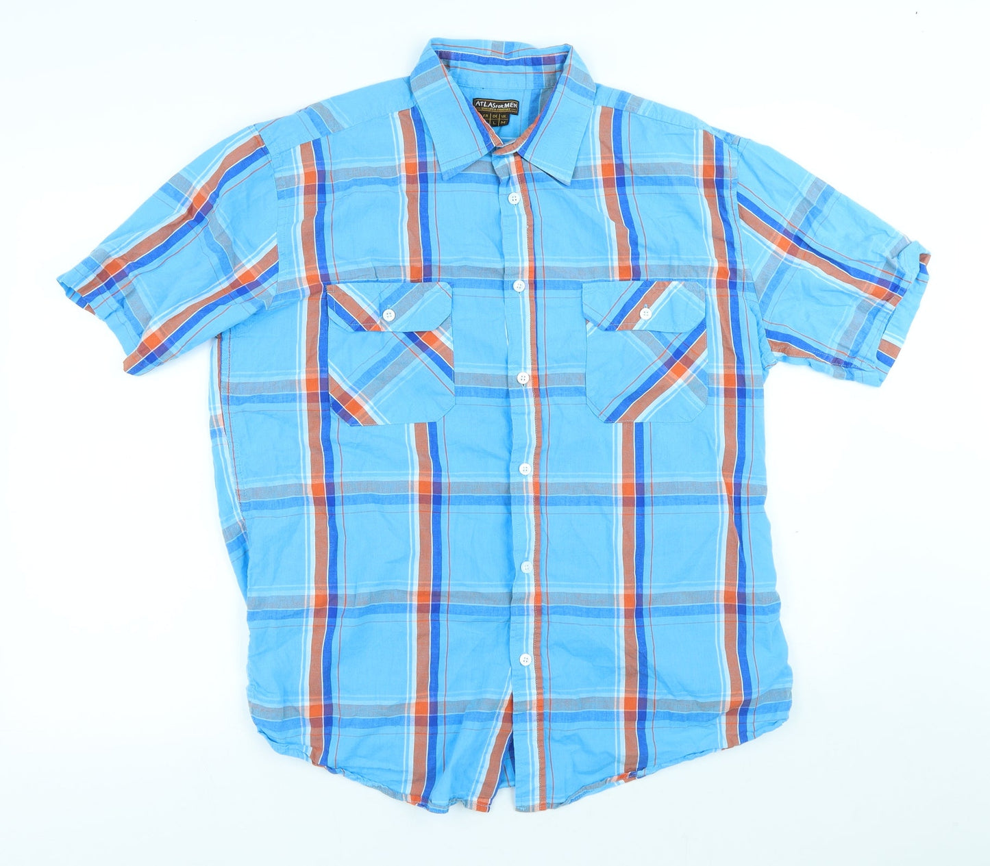 Mens UK Size L Atlas for Men Blue  Button-Up Short Sleeve Casual Shirt