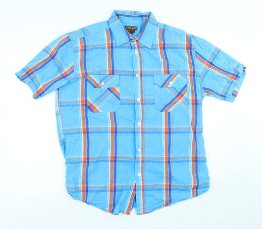 Atlas for Men Mens Blue Plaid Cotton Button-Up Size L Collared Button