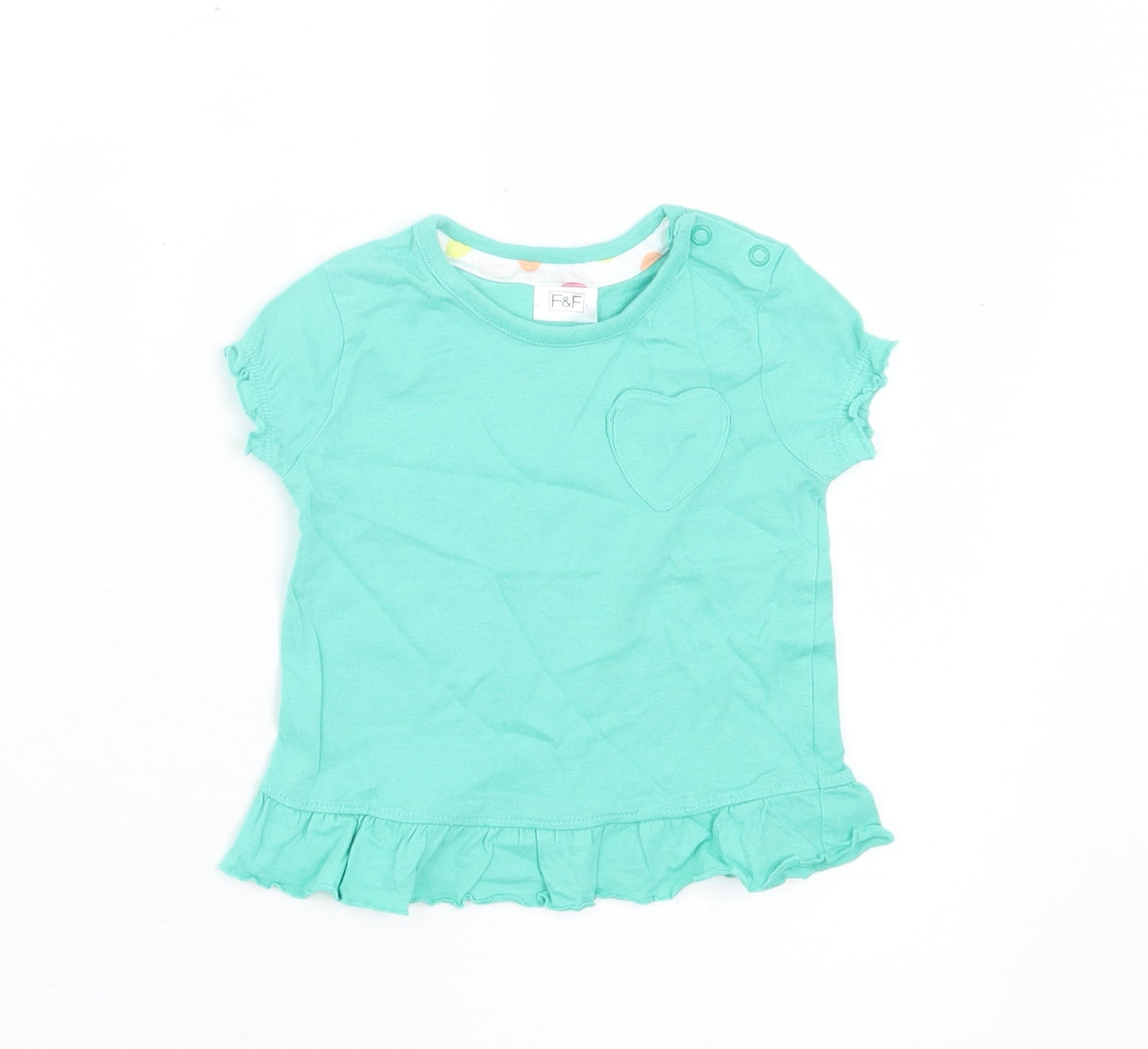 F&F Girls Green Cotton Basic T-Shirt Size 3-6 Months Crew Neck Button - Heart