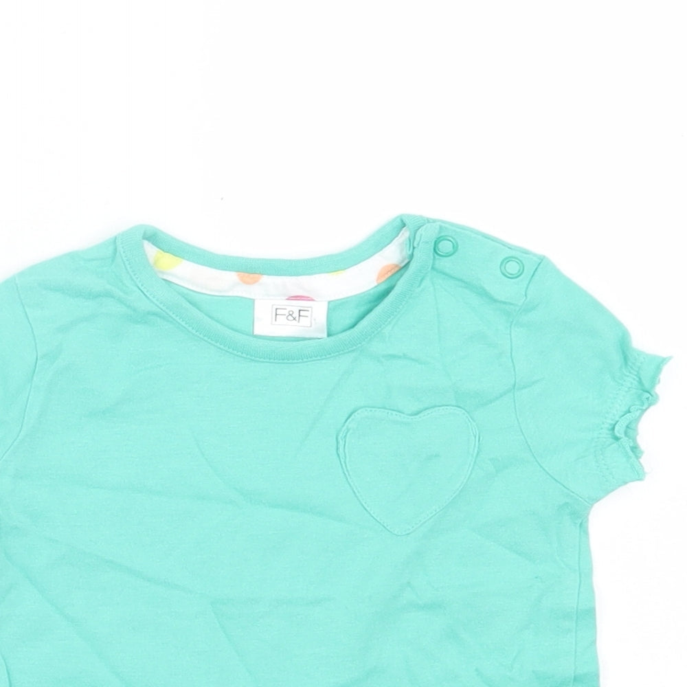 F&F Girls Green Cotton Basic T-Shirt Size 3-6 Months Crew Neck Button - Heart