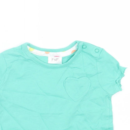 F&F Girls Green Cotton Basic T-Shirt Size 3-6 Months Crew Neck Button - Heart
