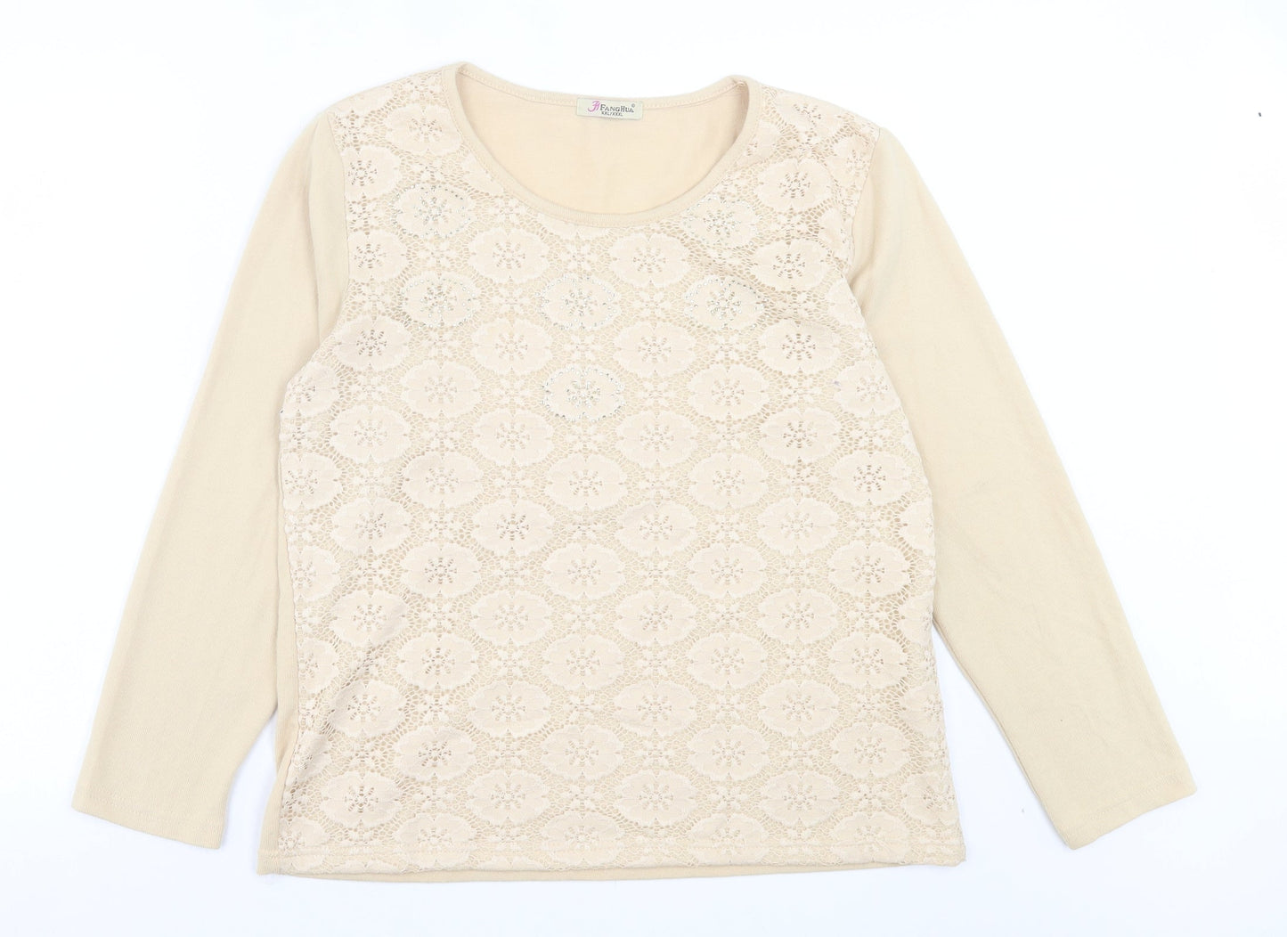 FANGHUA Womens Beige Crew Neck Floral Cotton Pullover Jumper Size 2XL