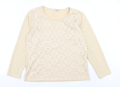FANGHUA Womens Beige Crew Neck Floral Cotton Pullover Jumper Size 2XL