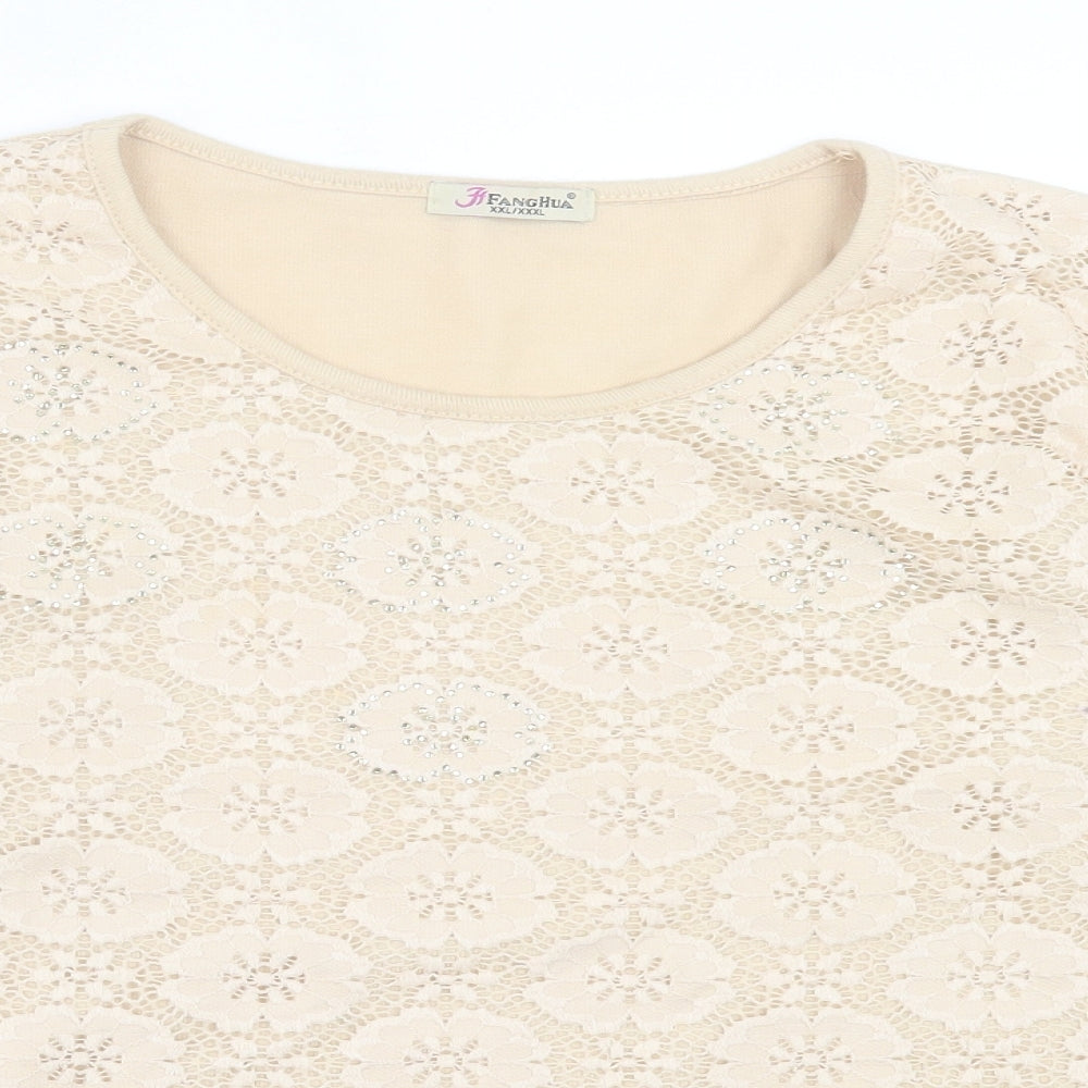 FANGHUA Womens Beige Crew Neck Floral Cotton Pullover Jumper Size 2XL