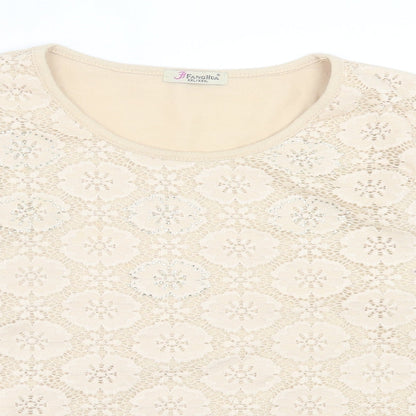 FANGHUA Womens Beige Crew Neck Floral Cotton Pullover Jumper Size 2XL