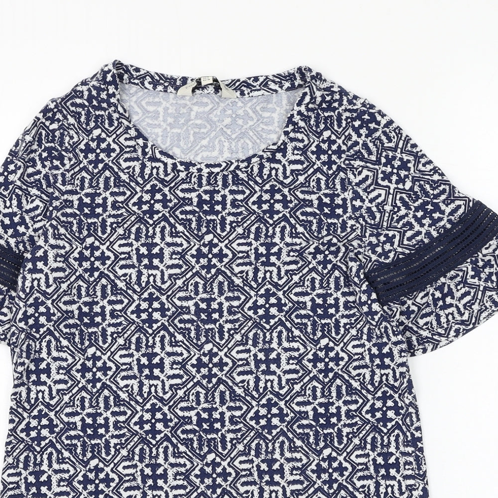 F&F Womens Blue Geometric Viscose Basic T-Shirt Size 8 Round Neck