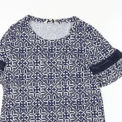 F&F Womens Blue Geometric Viscose Basic T-Shirt Size 8 Round Neck