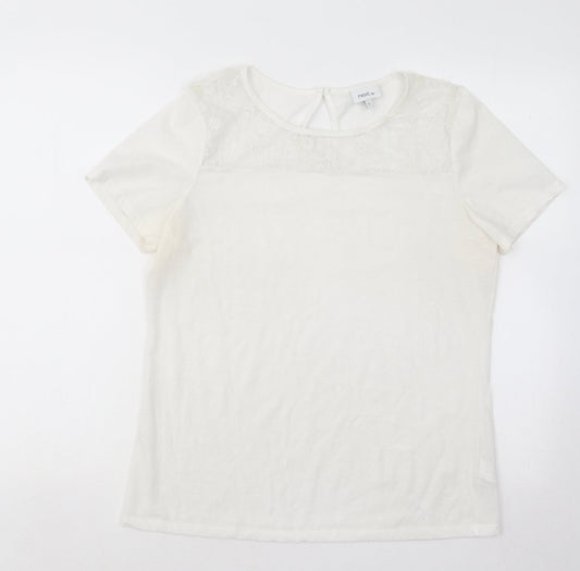 NEXT Womens White Floral Nylon Basic T-Shirt Size 12 Round Neck