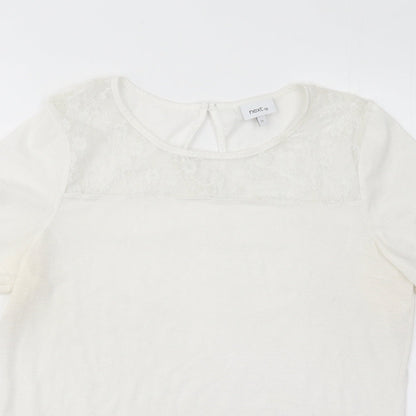 NEXT Womens White Floral Nylon Basic T-Shirt Size 12 Round Neck