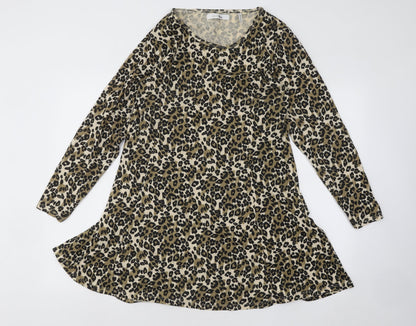 Label Be Womens Multicoloured Animal Print Cotton Skater Dress Size 14 Round Neck Pullover - Leopard pattern