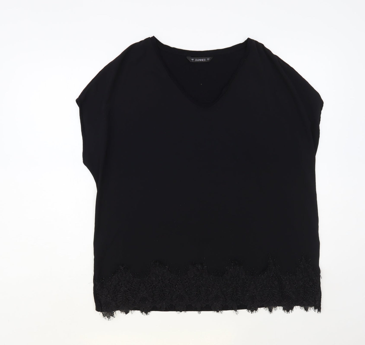 Dunnes Stores Womens Black Polyester Basic Blouse Size L V-Neck - Lace Detail
