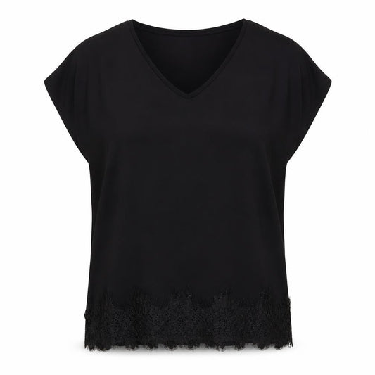 Dunnes Stores Womens Black Polyester Basic Blouse Size L V-Neck - Lace Detail