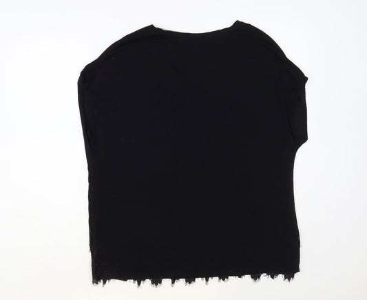 Dunnes Stores Womens Black Polyester Basic Blouse Size L V-Neck - Lace Detail