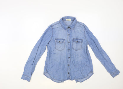 Life In Progress Womens Blue Lyocell Basic Button-Up Size S Collared