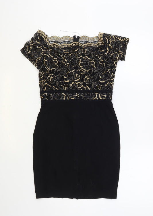 Paper Dolls Womens Black Floral Viscose Mini Size 10 Off the Shoulder Zip - Lace Detail