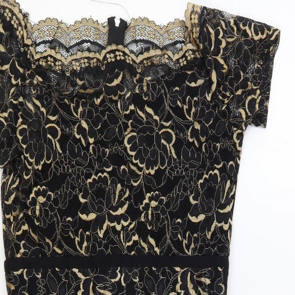 Paper Dolls Womens Black Floral Viscose Mini Size 10 Off the Shoulder Zip - Lace Detail