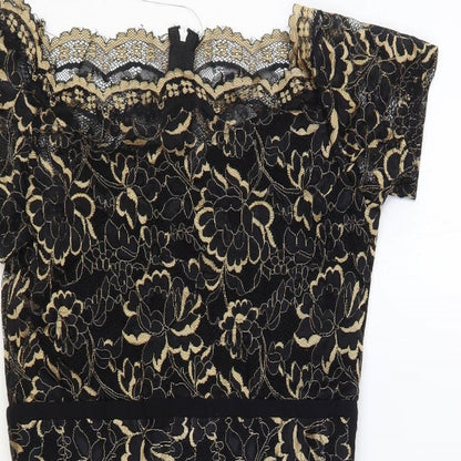 Paper Dolls Womens Black Floral Viscose Mini Size 10 Off the Shoulder Zip - Lace Detail
