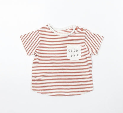 TU Boys White Striped Cotton Basic T-Shirt Size 6-9 Months Round Neck Snap - Wild One!