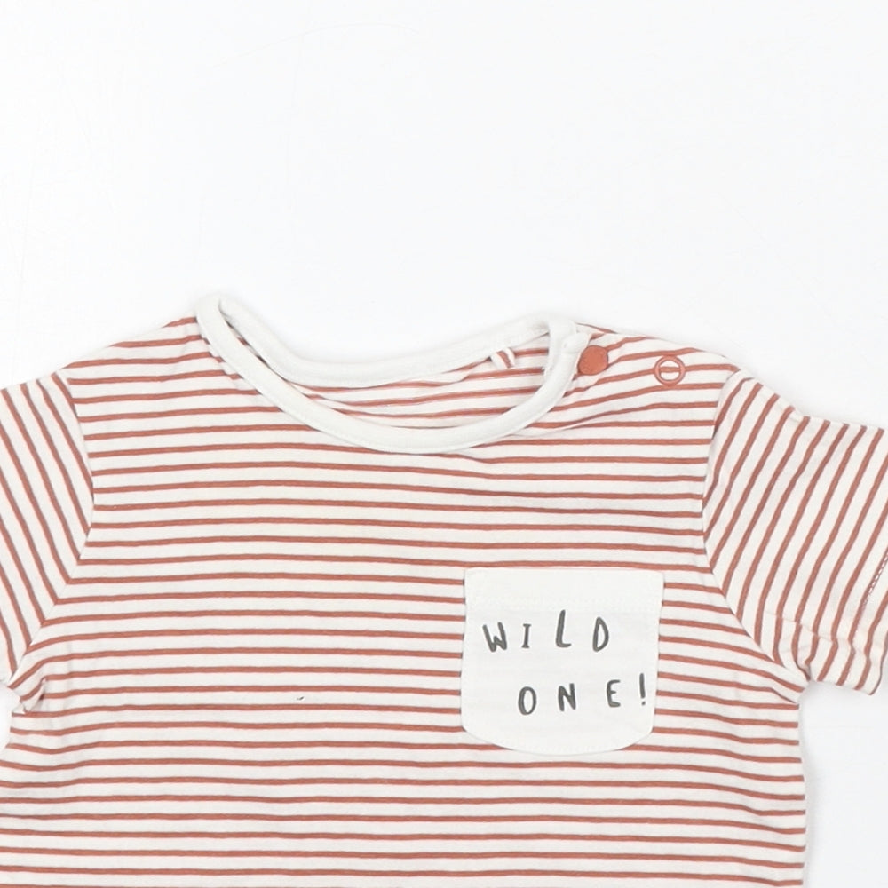 TU Boys White Striped Cotton Basic T-Shirt Size 6-9 Months Round Neck Snap - Wild One!
