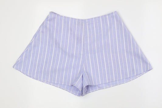 PRETTYLITTLETHING Womens Blue Striped 100% Polyester Hot Pants Shorts Size 12 Regular Zip