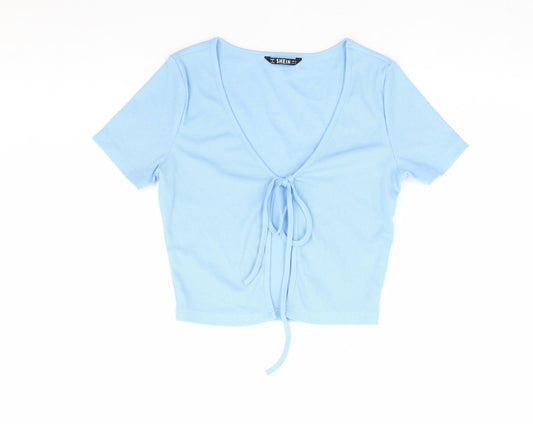 SheIn Womens Blue V-Neck Polyester Shrug Jumper Size XS - Ribbed Tie Front