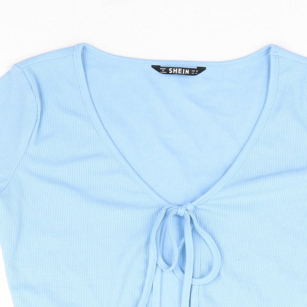 SheIn Womens Blue V-Neck Polyester Shrug Jumper Size XS - Ribbed Tie Front