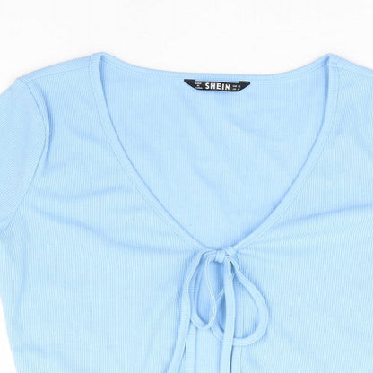 SheIn Womens Blue V-Neck Polyester Shrug Jumper Size XS - Ribbed Tie Front